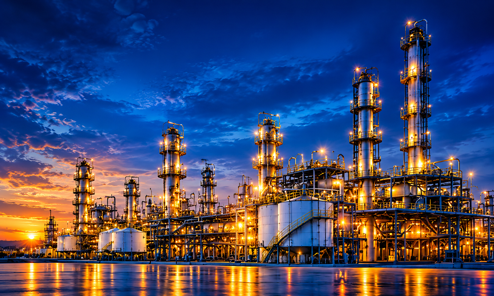 twilight refinery against a dramatic sky
